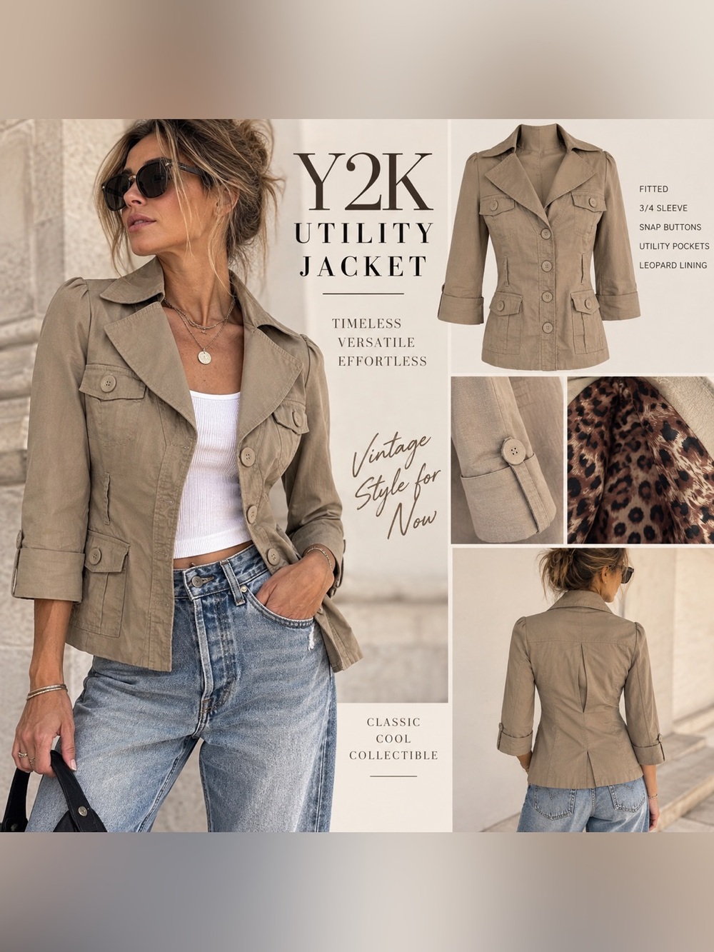 Y2K Khaki Utility Cargo Jacket Fitted Safari Jacket 3/4 Sleeve